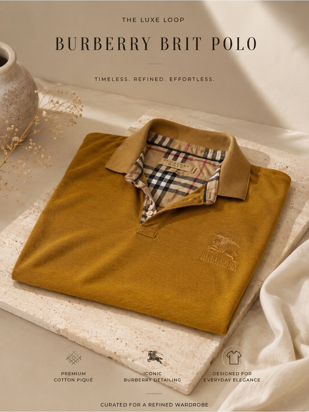 Burberry Mustard Men's Polo with Signature Check Placket